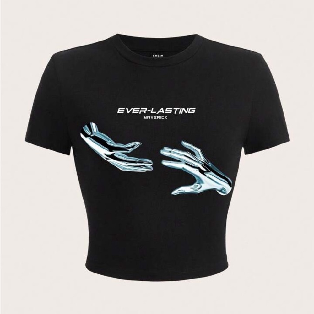 Women’s Charcoal Gray Graphic Tee with Chrome Graphic Hand Design | NEW | Small